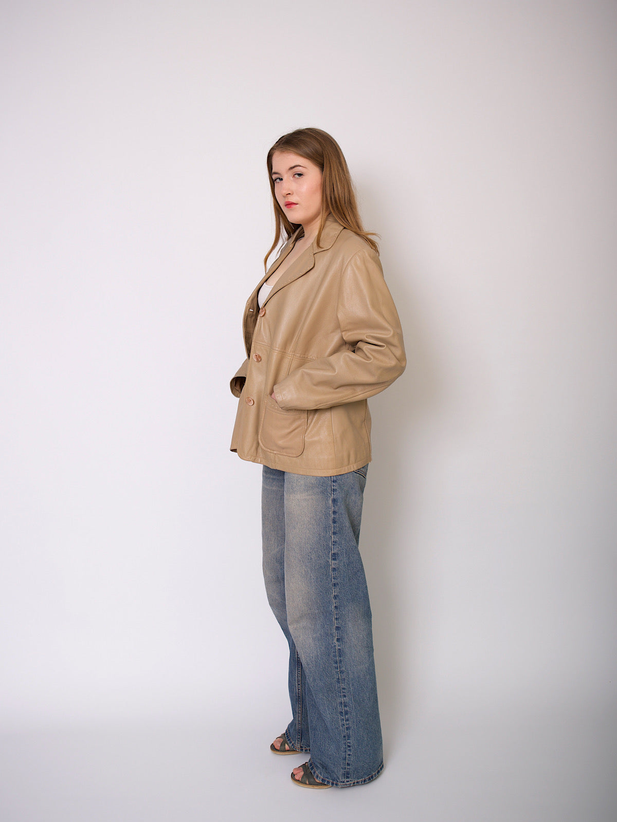 90s boxy beige leather jacket square front pockets