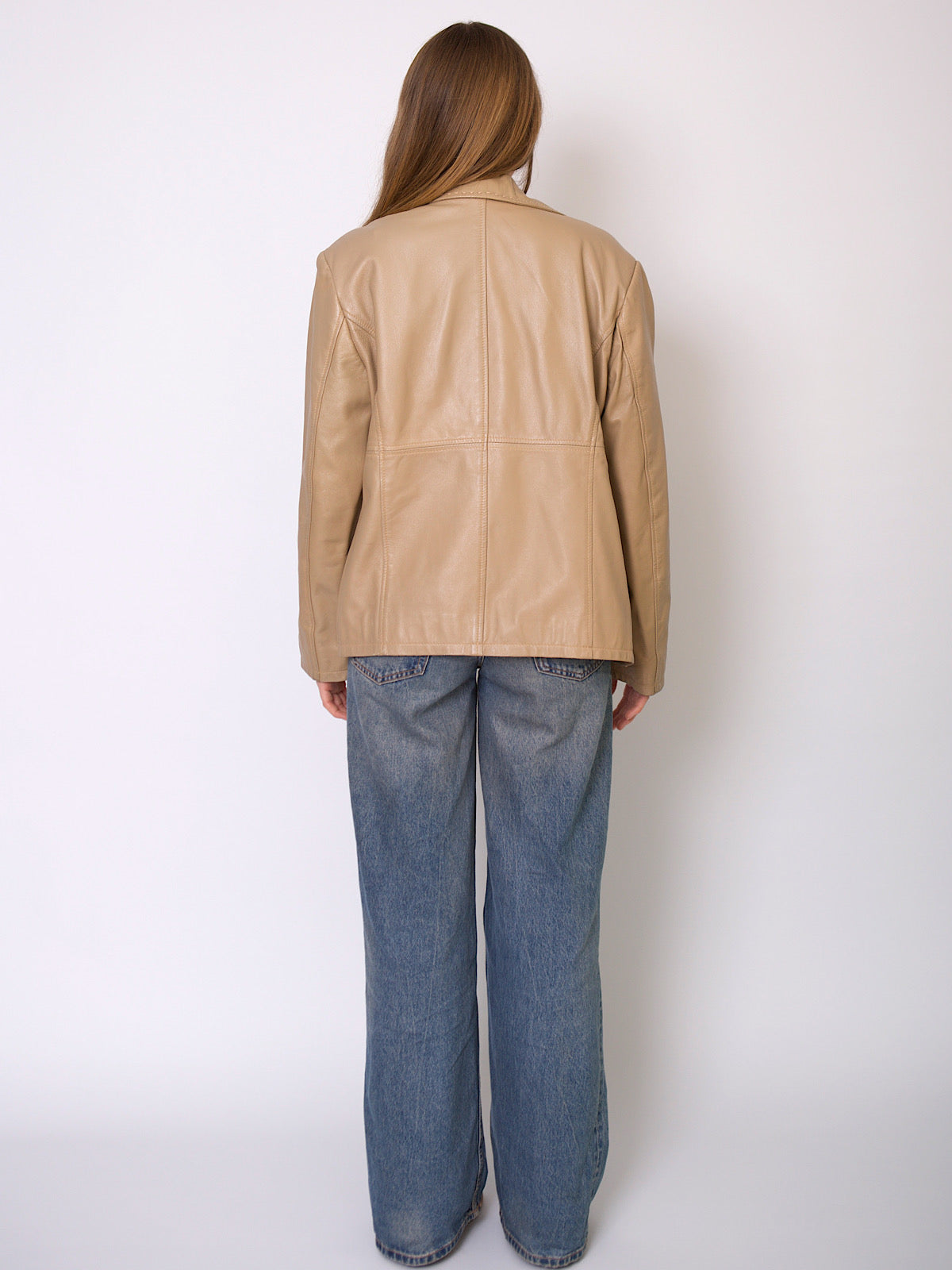 90s boxy beige leather jacket square front pockets