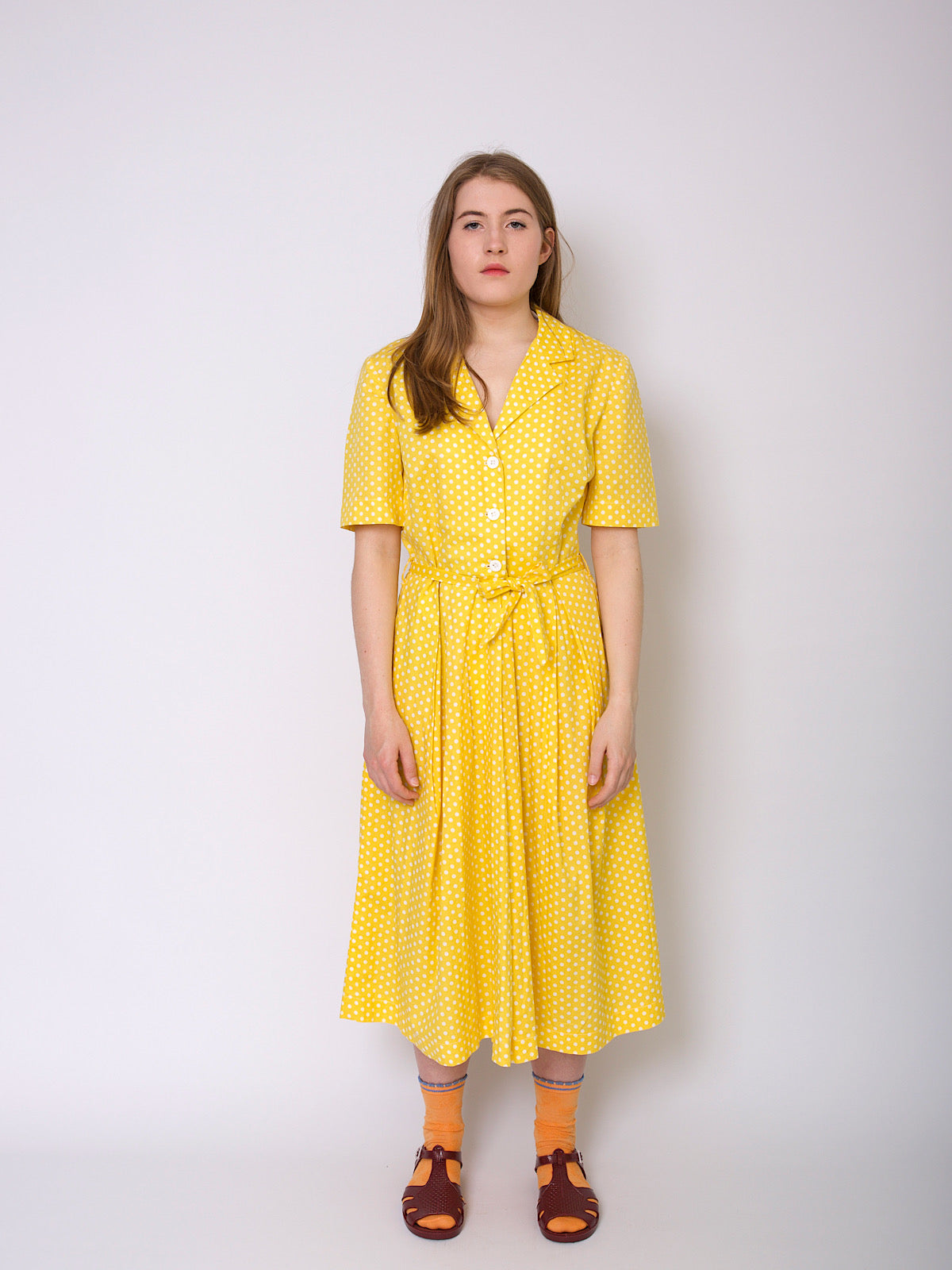 Vintage handmade shirt dress yellow polka dots belted