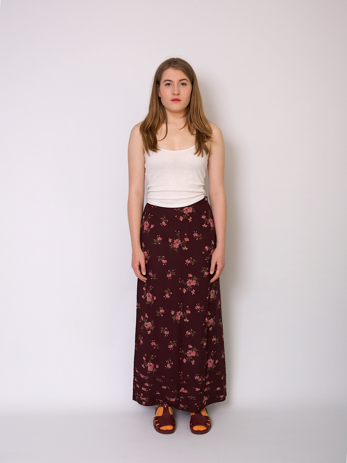 Vintage 90s long A line skirt burgundy with florals