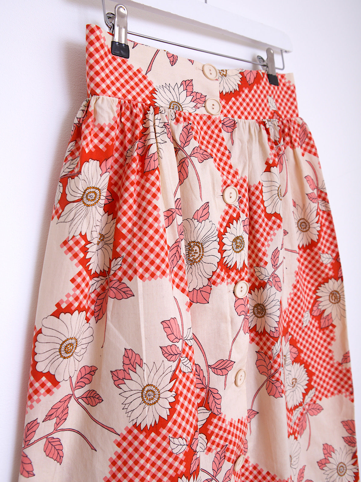 60s vintage cotton shirt length skirt gingham & floral