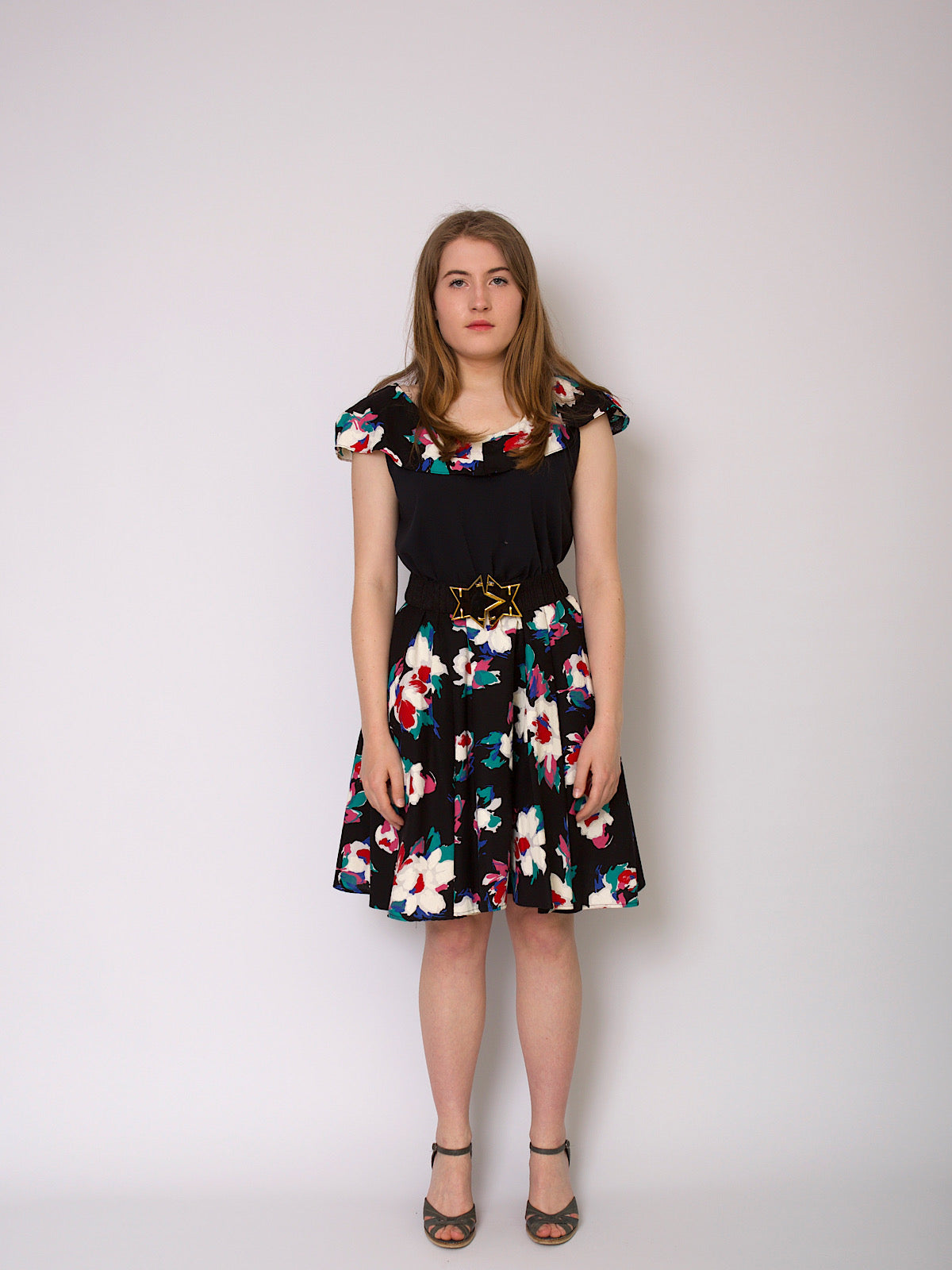 80s rara fun summer dress black with florals