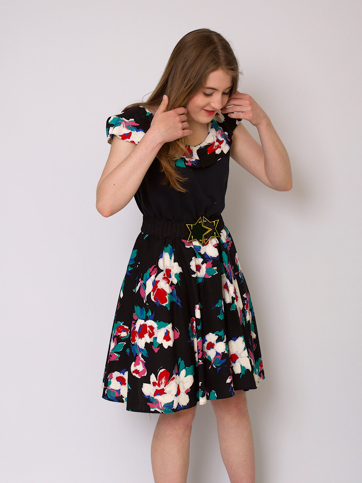 80s rara fun summer dress black with florals