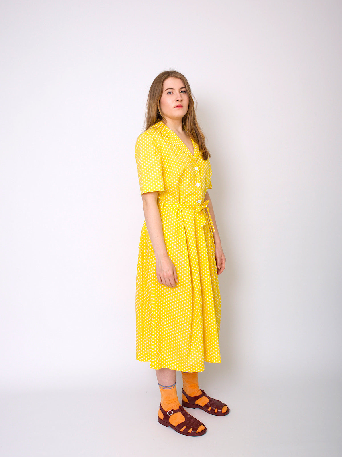 Vintage handmade shirt dress yellow polka dots belted