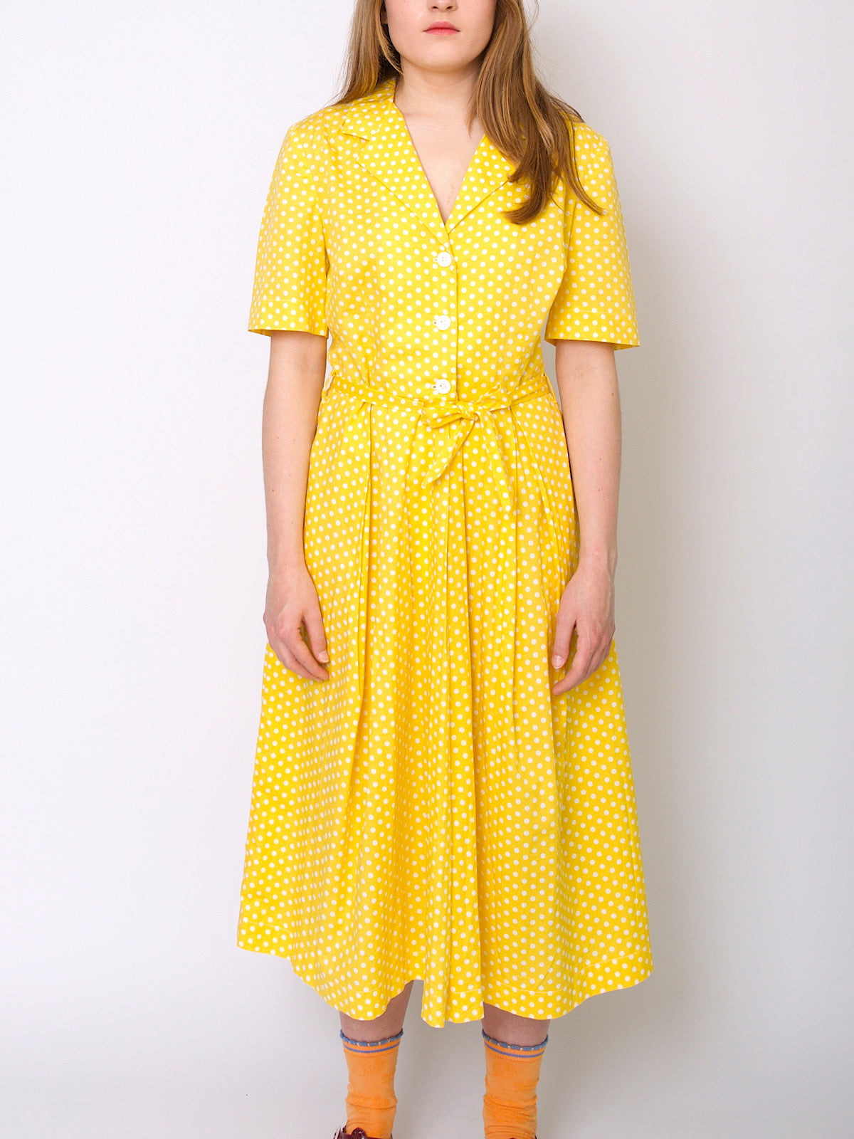 Vintage handmade shirt dress yellow polka dots belted