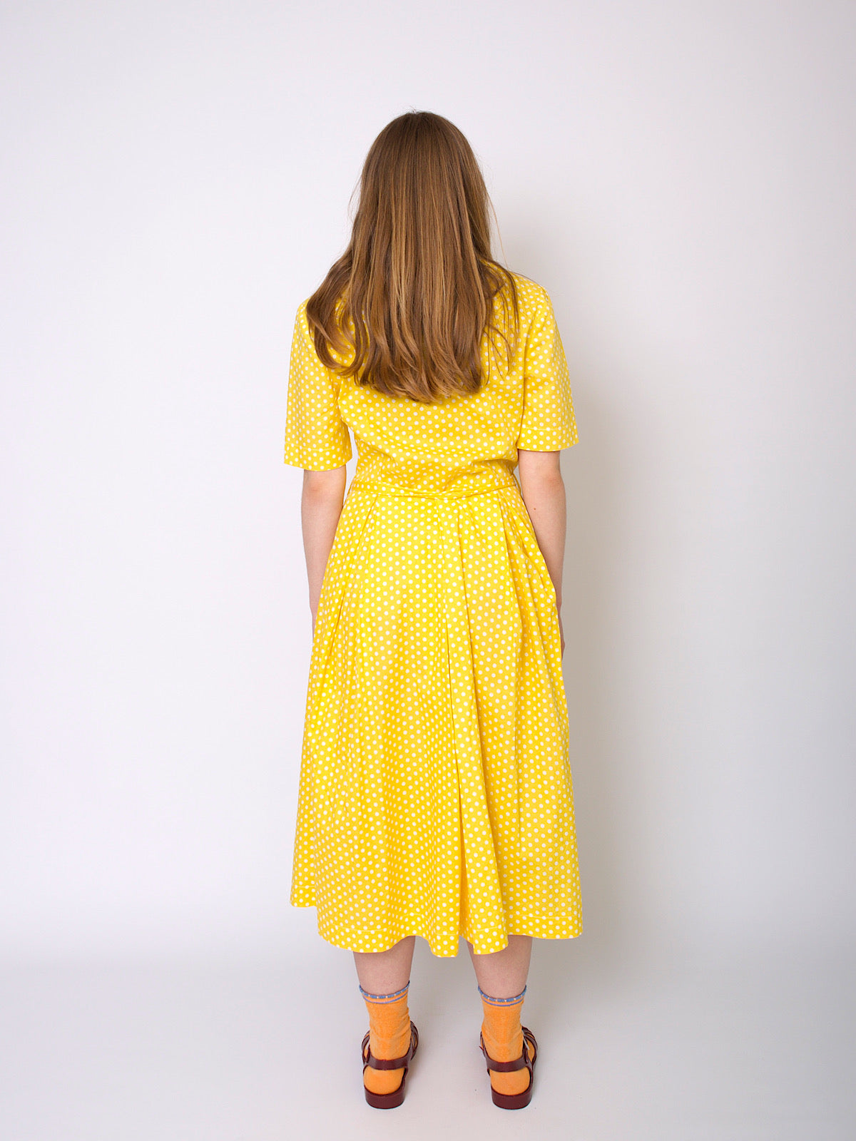 Vintage handmade shirt dress yellow polka dots belted