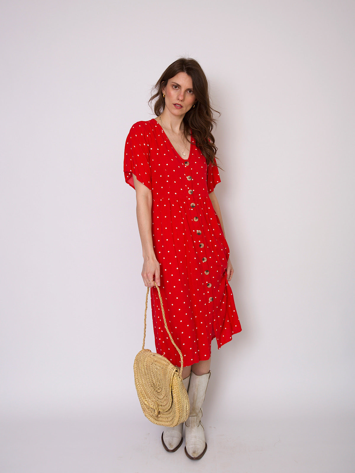 Vintage shirt dress in red and white polka dots