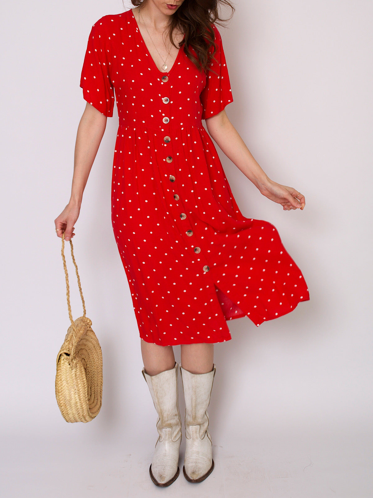 Vintage shirt dress in red and white polka dots