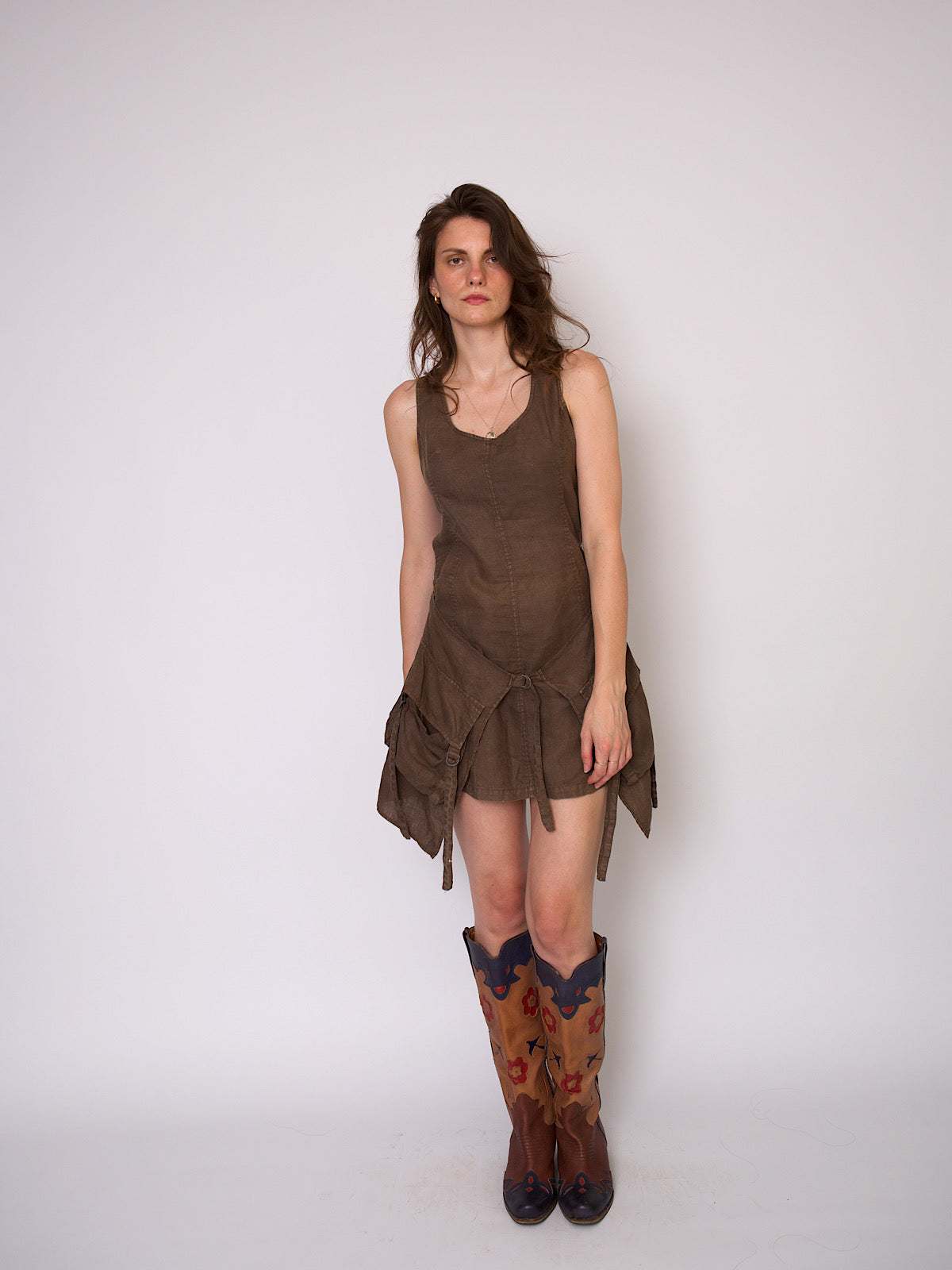 Y2K mini linen dress large pockets asymmetric sides