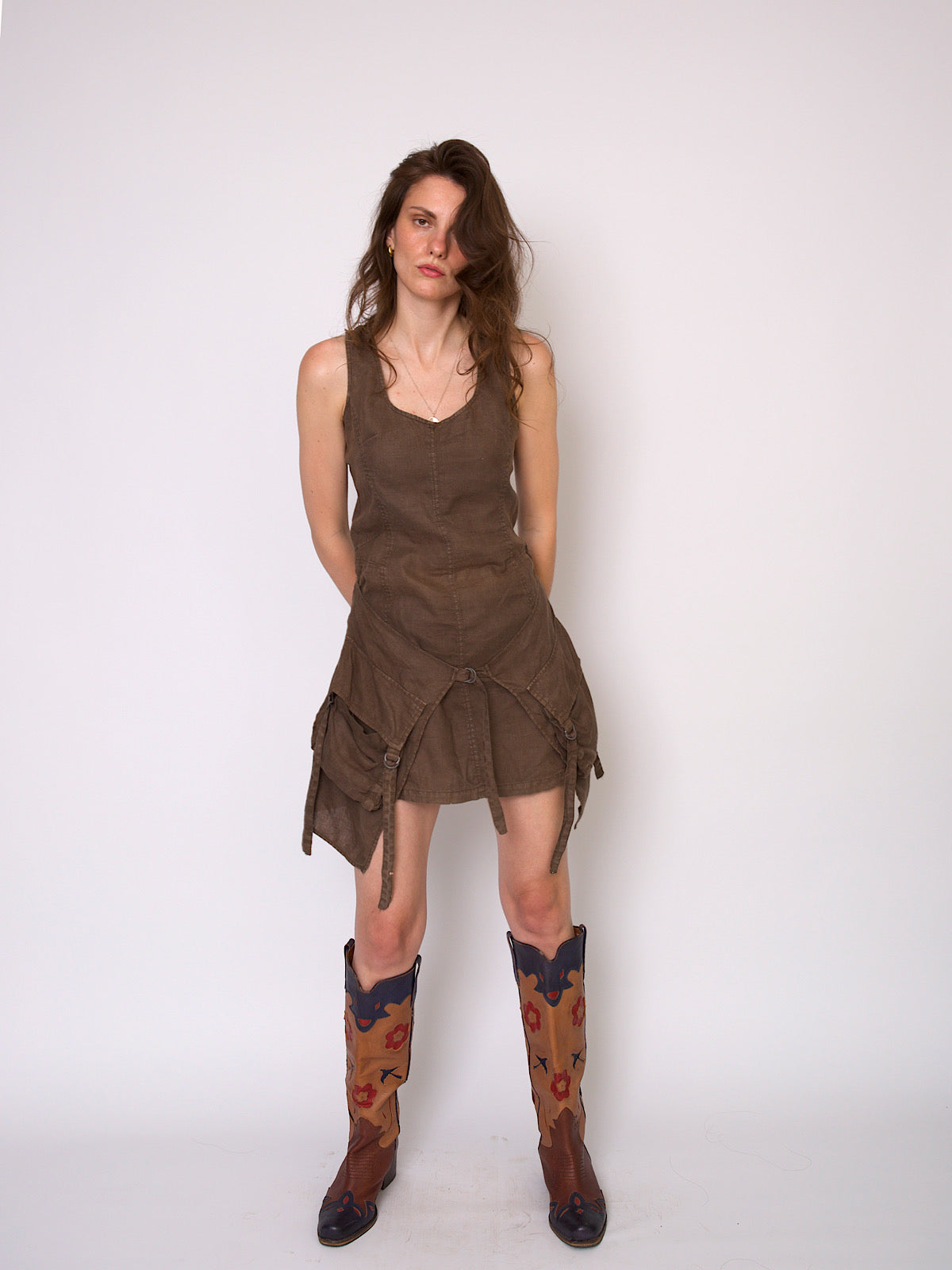 Y2K mini linen dress large pockets asymmetric sides