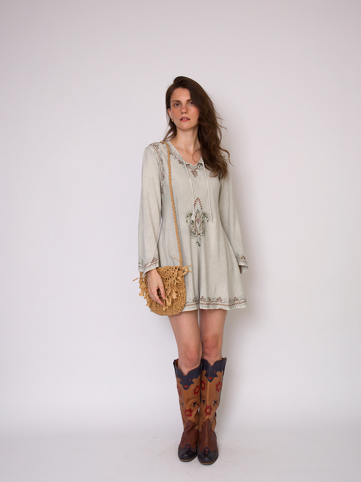 Vintage boho mini dress grey with embroideries