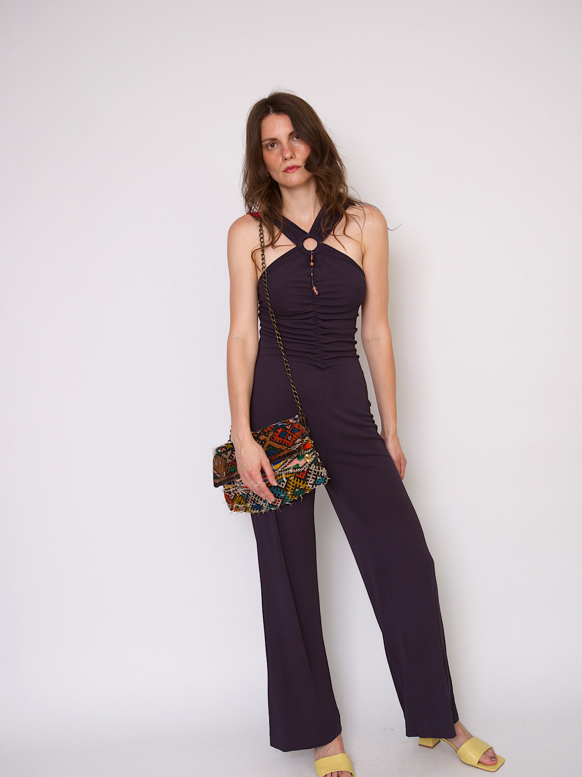 Vintage jumpsuit prune colour wide leg