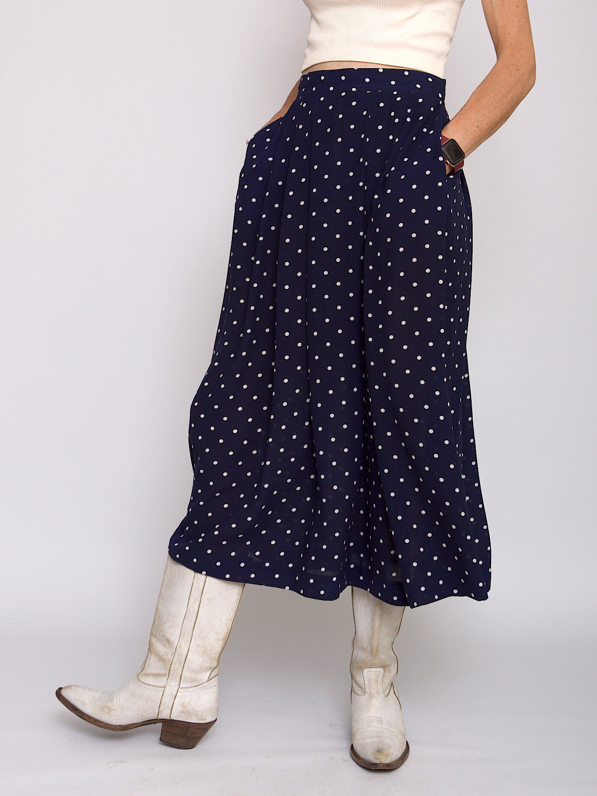 Vintage maxi pleated skirt polka dot navy and white