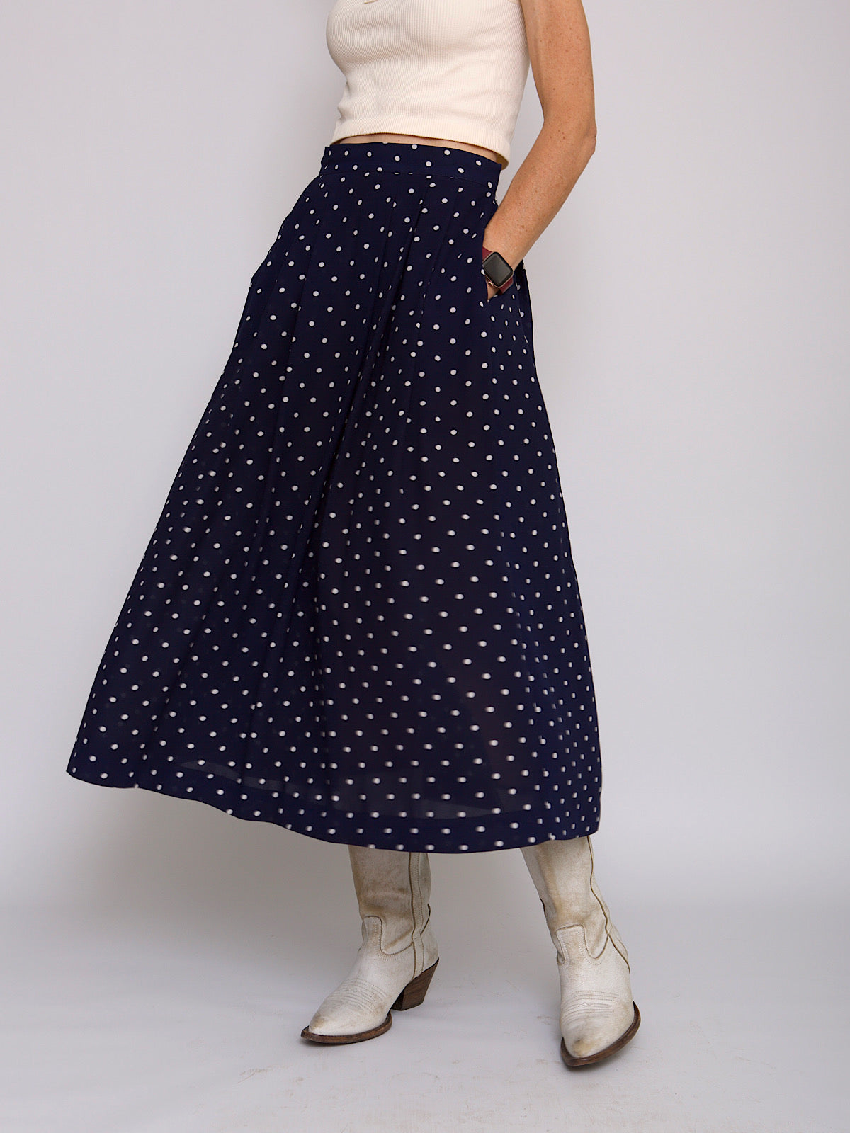 Vintage maxi pleated skirt polka dot navy and white