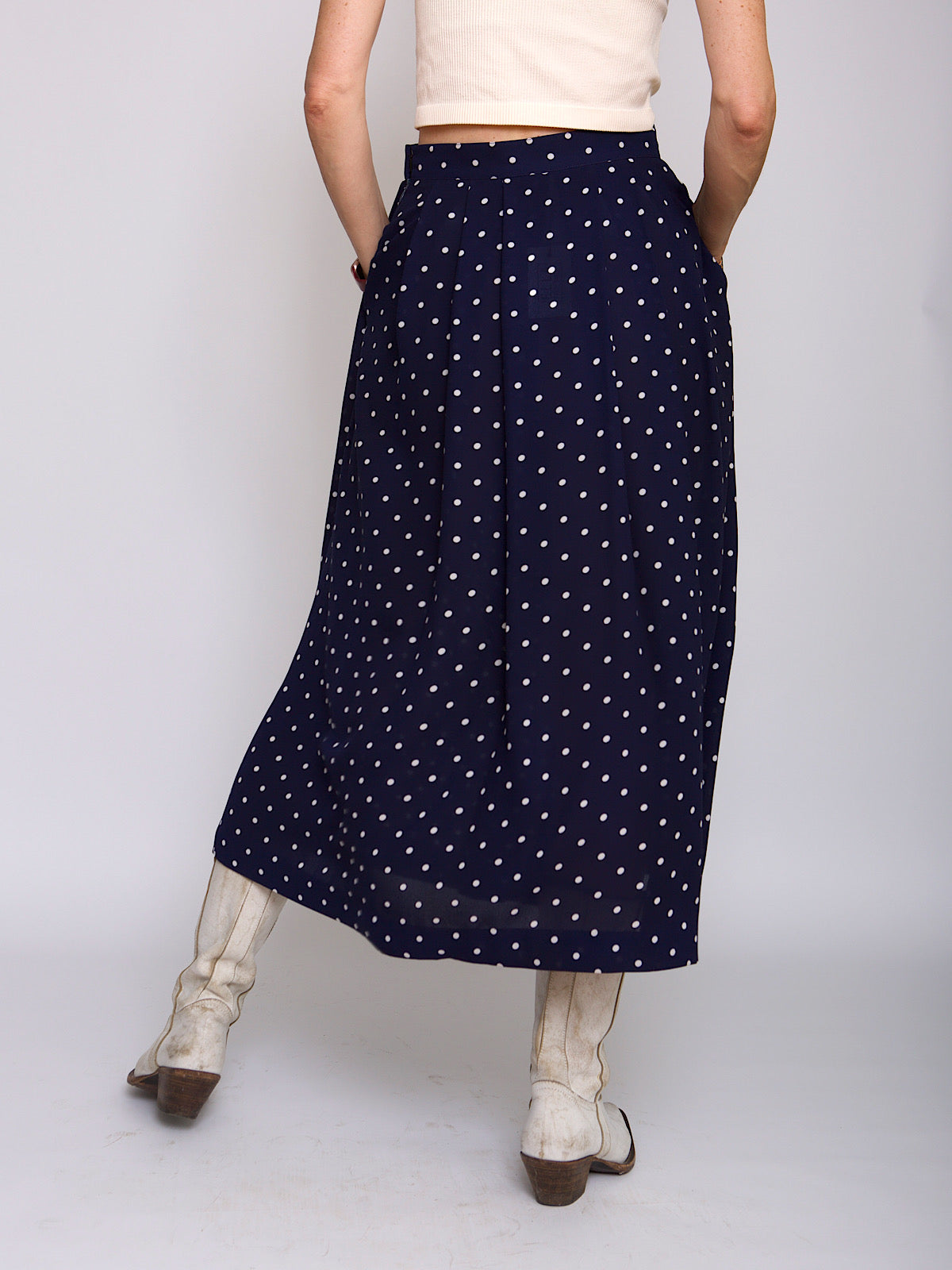 Vintage maxi pleated skirt polka dot navy and white