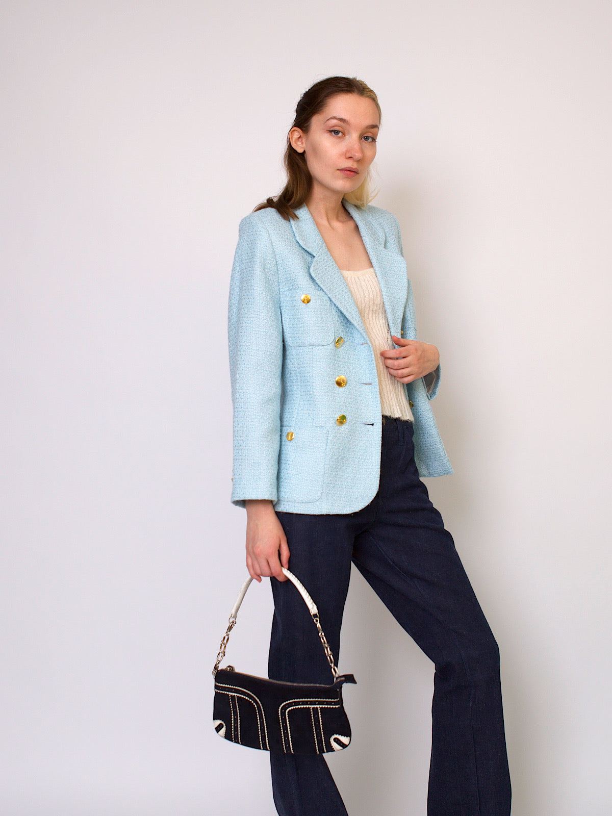 Vintage double breasted blazer baby blue with gold buttons