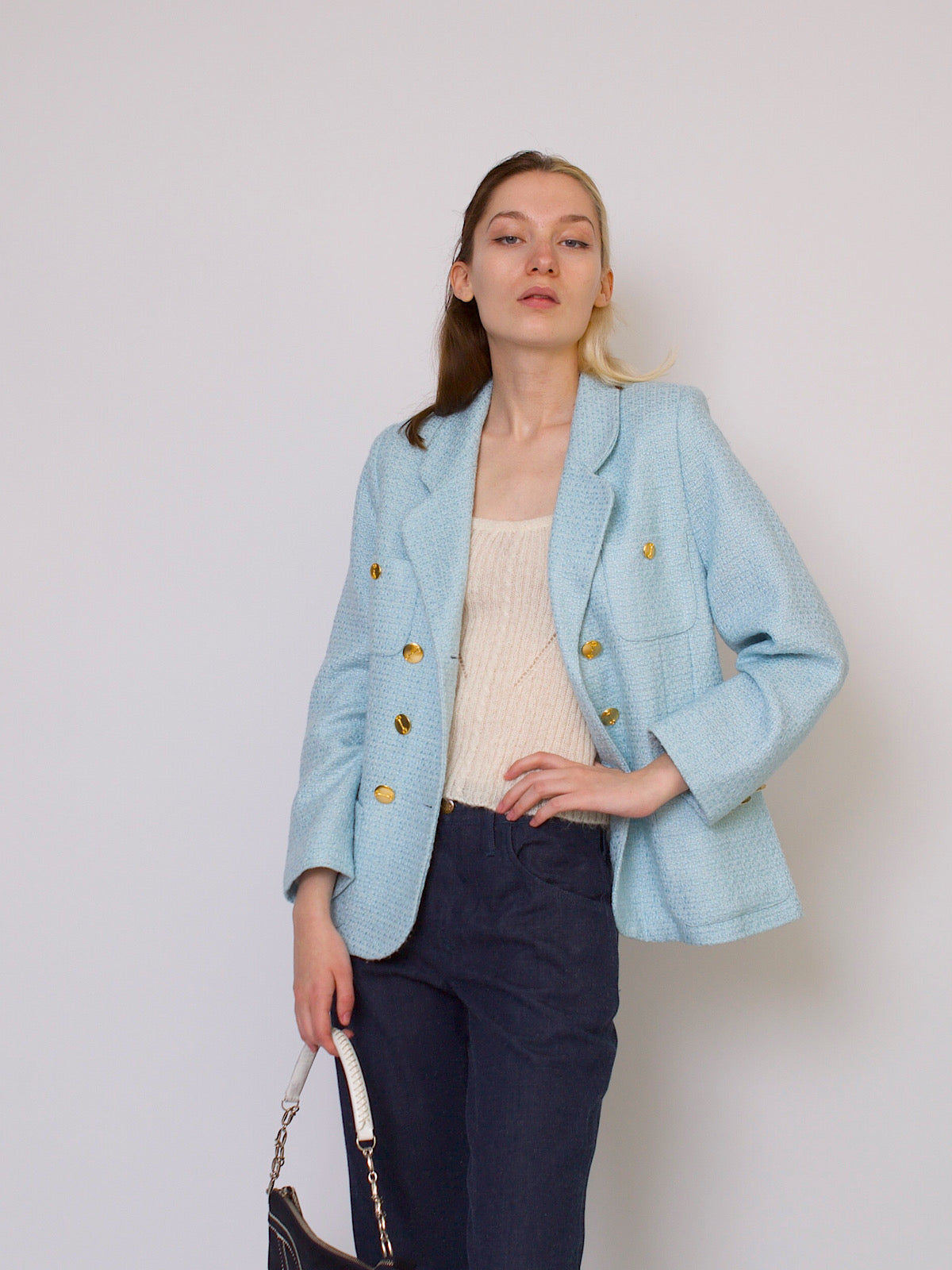 Vintage double breasted blazer baby blue with gold buttons