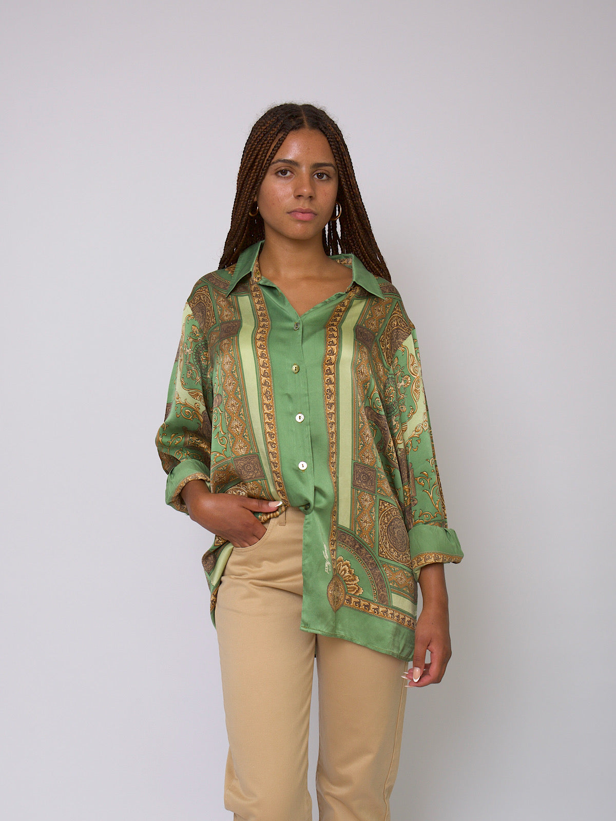 80s Vintage Renato Nucci pure silk shirt green arabesque print