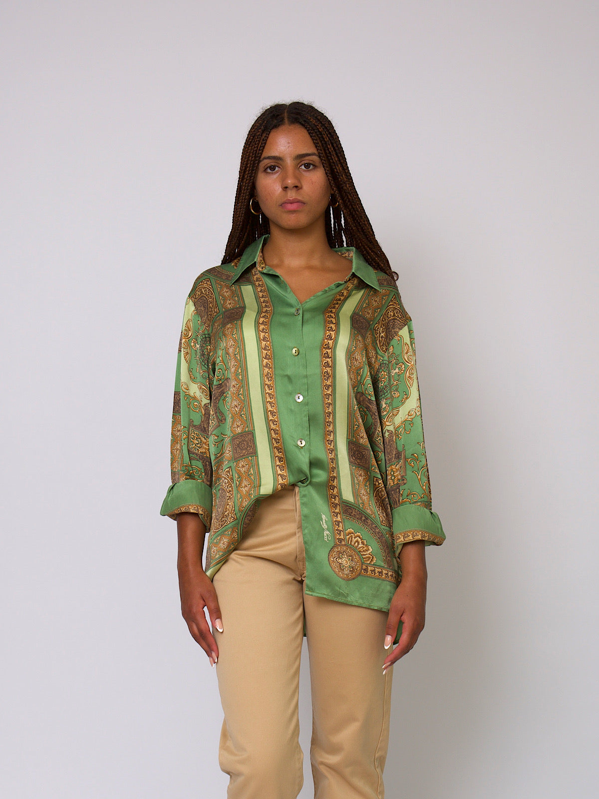 80s Vintage Renato Nucci pure silk shirt green arabesque print