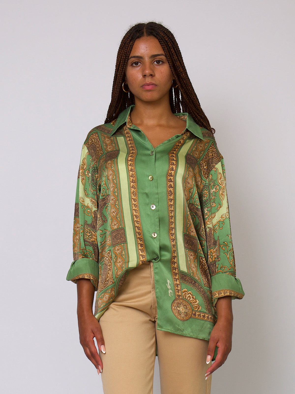 80s Vintage Renato Nucci pure silk shirt green arabesque print