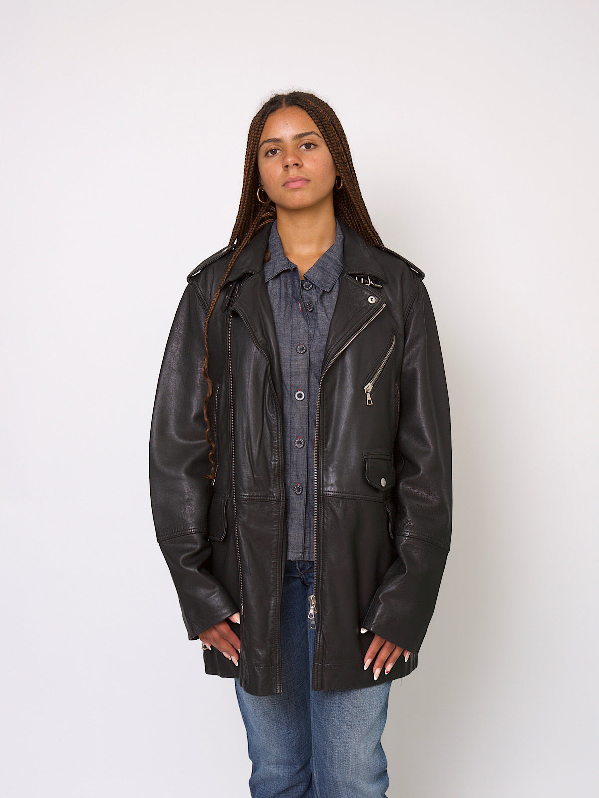 Very soft black leather coat biker style mid length