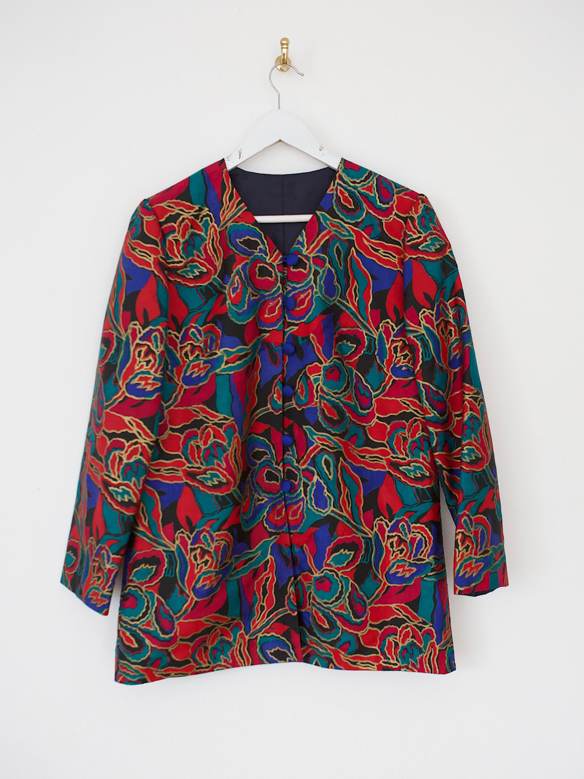 Vintage silk jacket hand printed with a colourful and gold design