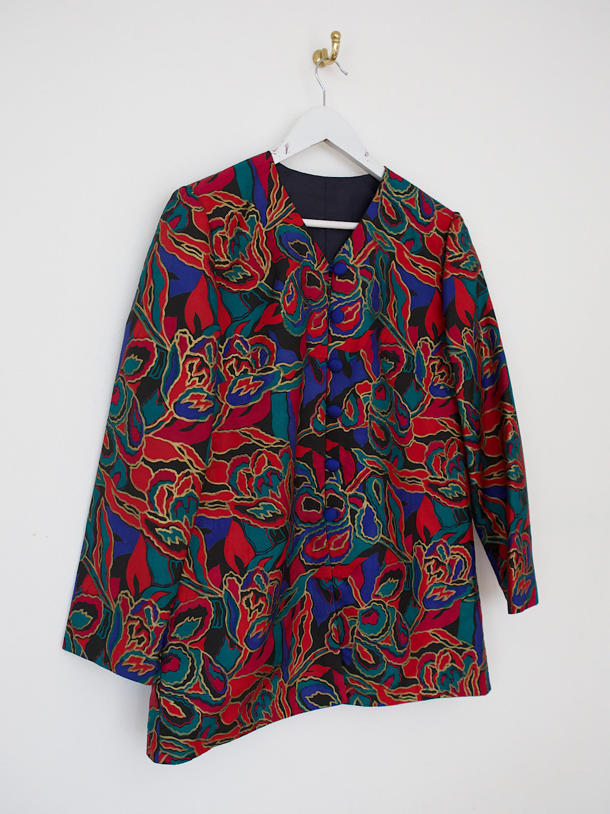 Vintage silk jacket hand printed with a colourful and gold design