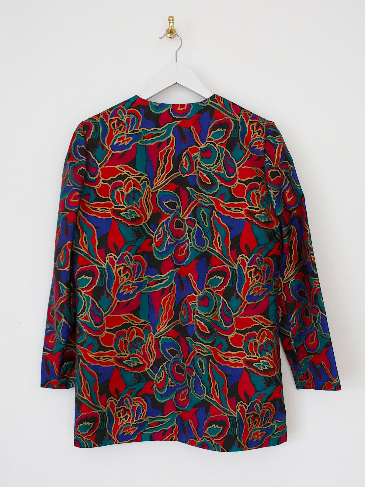 Vintage silk jacket hand printed with a colourful and gold design