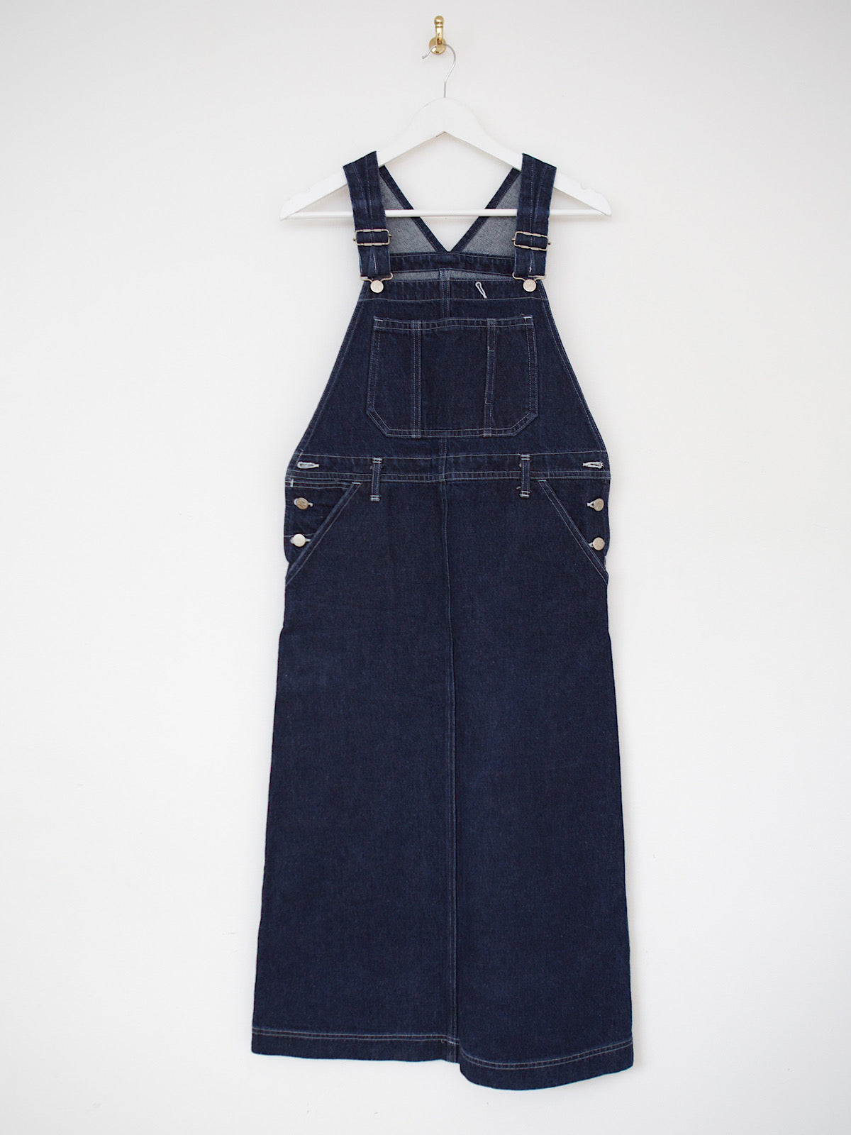 Blue denim pinafore utility dress long length