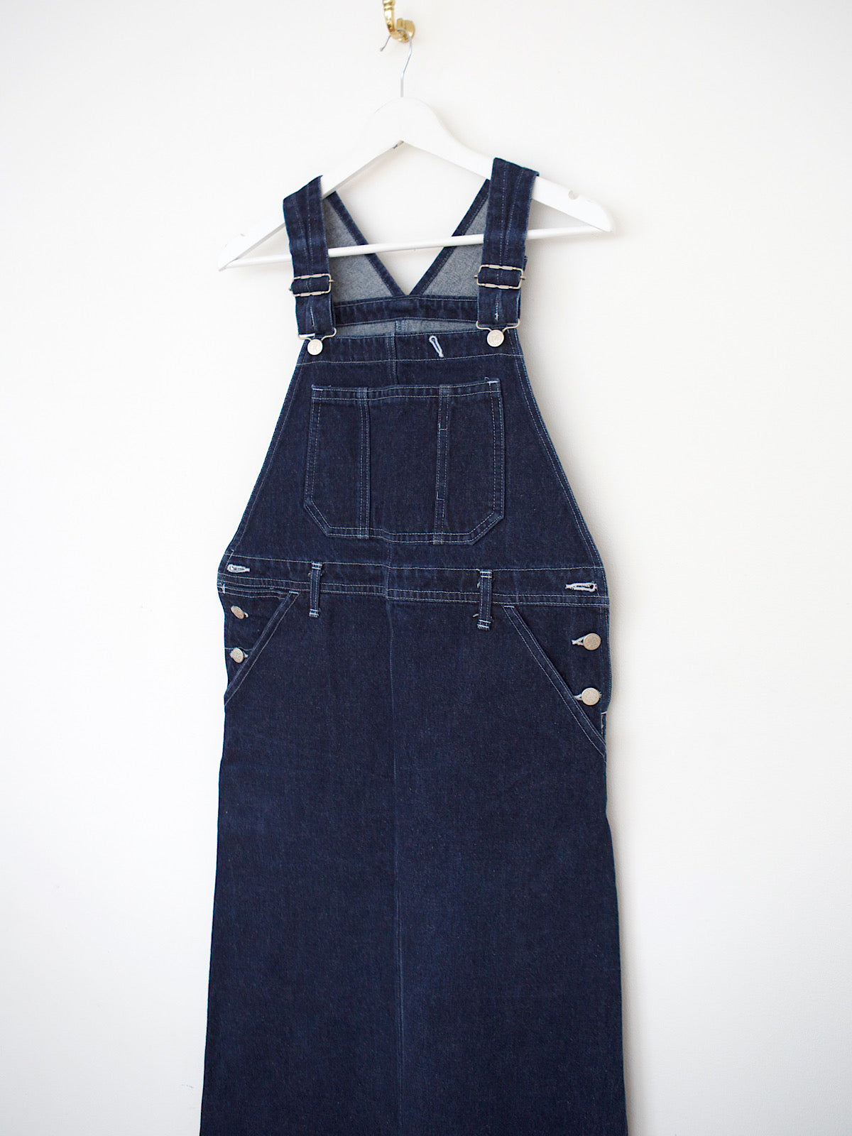 Blue denim pinafore utility dress long length