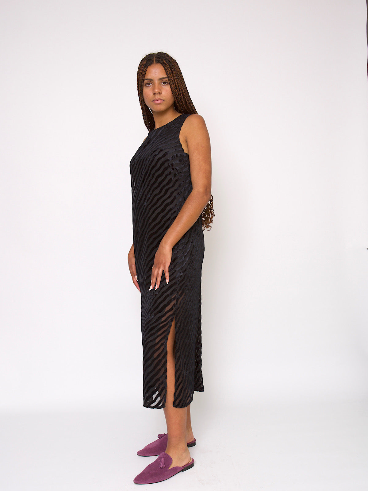 90s slip dress black chiffon velvet by Hamells