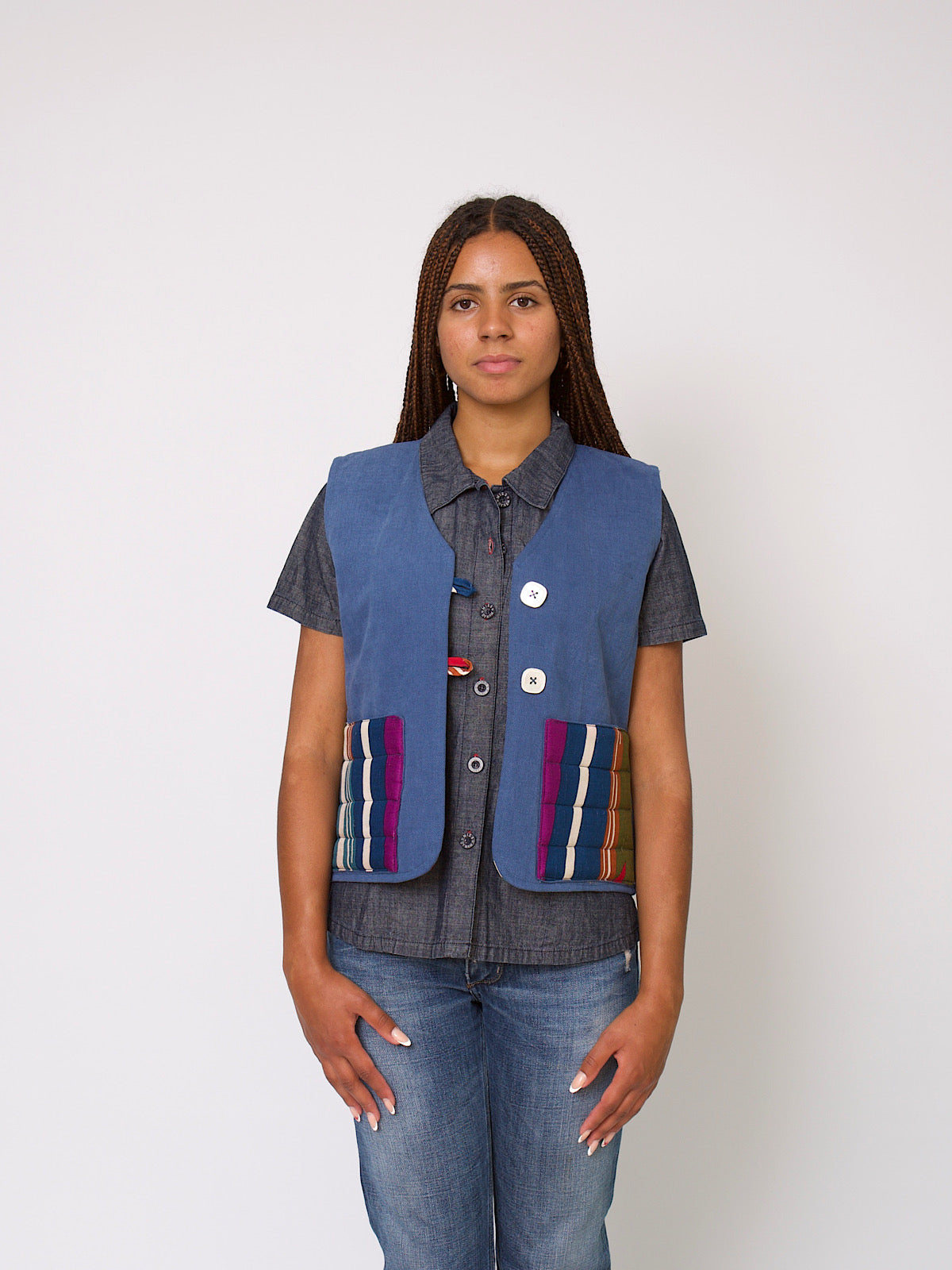 Handcrafted waistcoat blue cotton & multicoloured vintage fabric