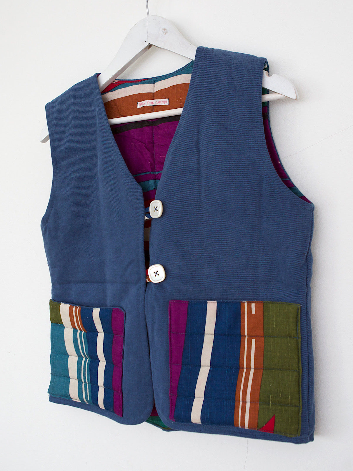 Handcrafted waistcoat blue cotton & multicoloured vintage fabric