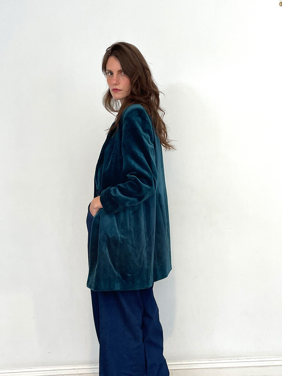 90s vintage blazer green velvet long length