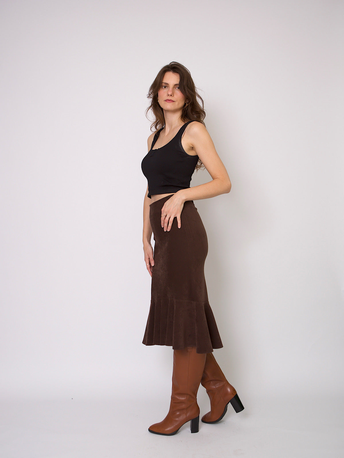 90s fit and flared gathered skirt brown velour