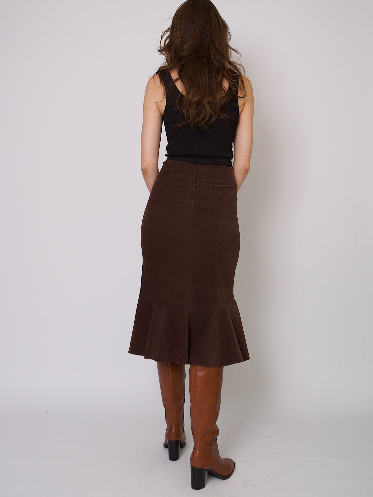 90s fit and flared gathered skirt brown velour