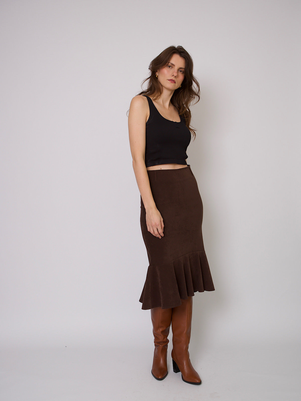 90s fit and flared gathered skirt brown velour