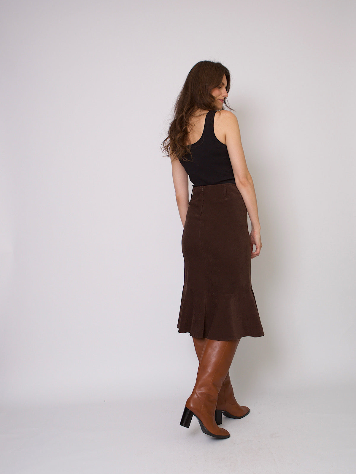 90s fit and flared gathered skirt brown velour