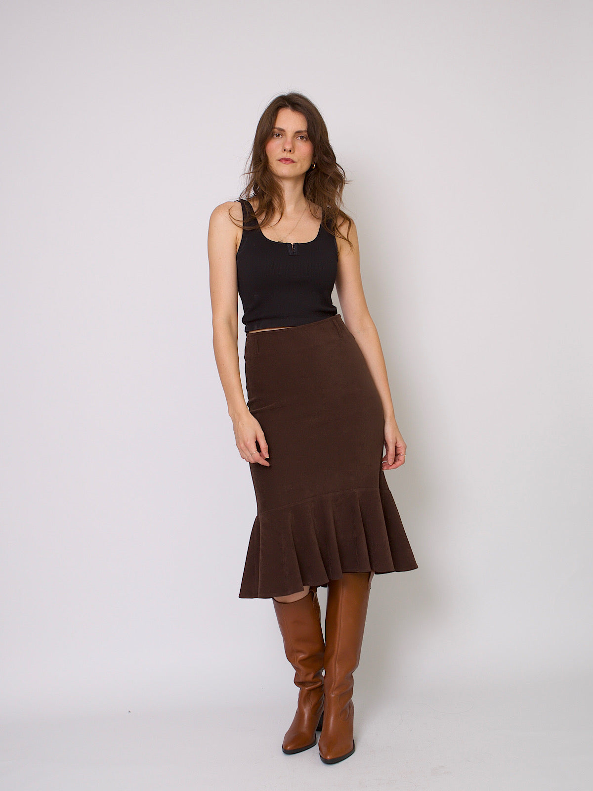 90s fit and flared gathered skirt brown velour