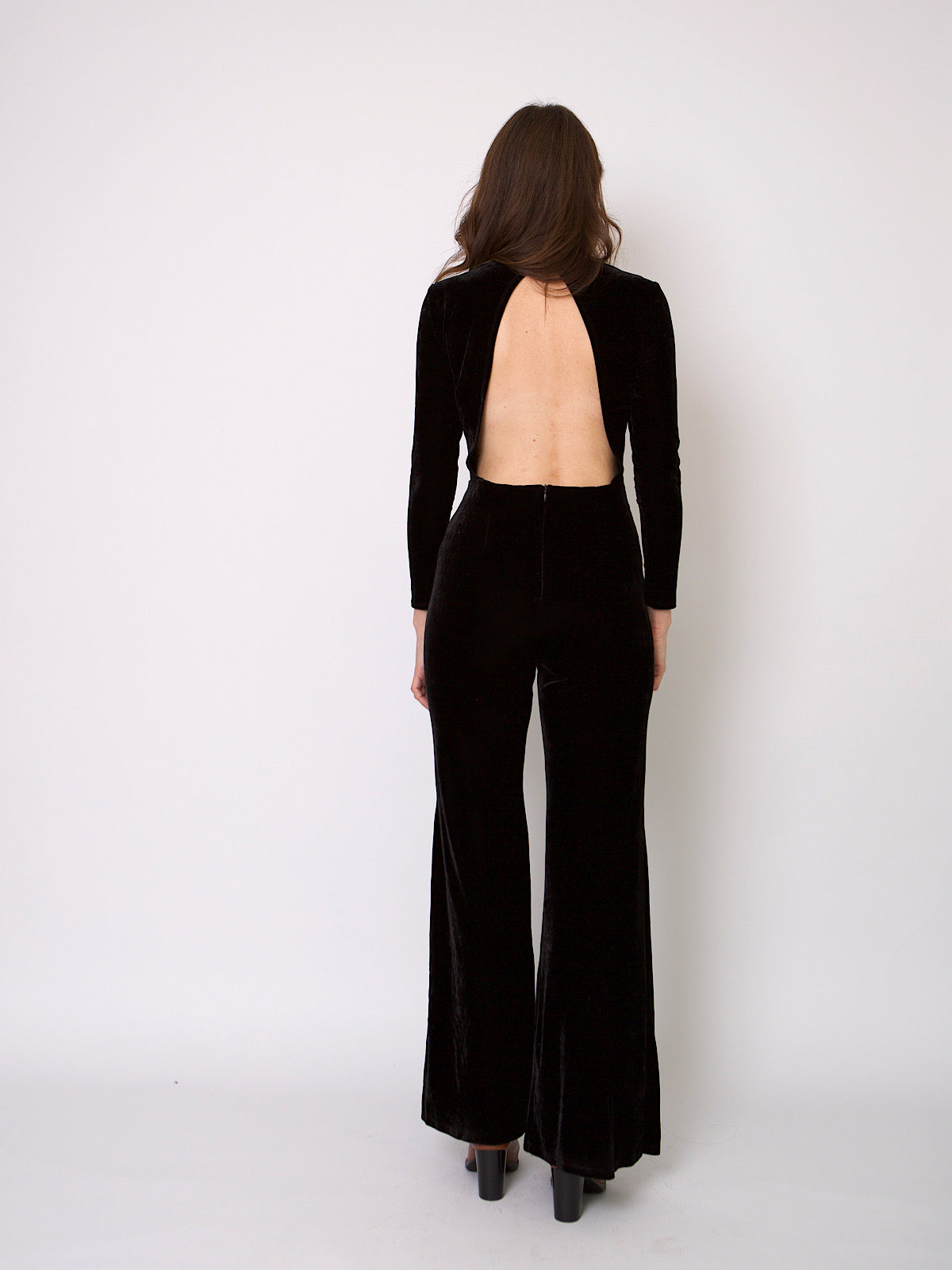 Black velour jumpsuit wide leg open back