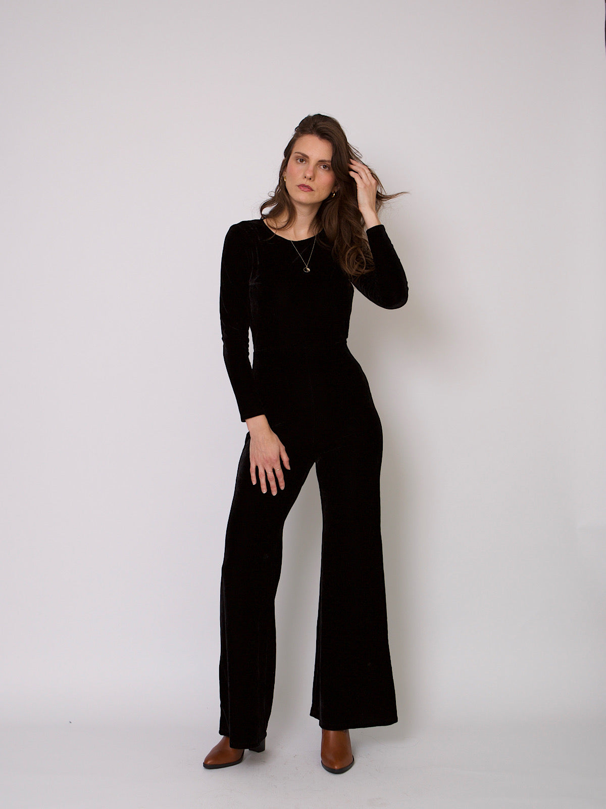 Black velour jumpsuit wide leg open back