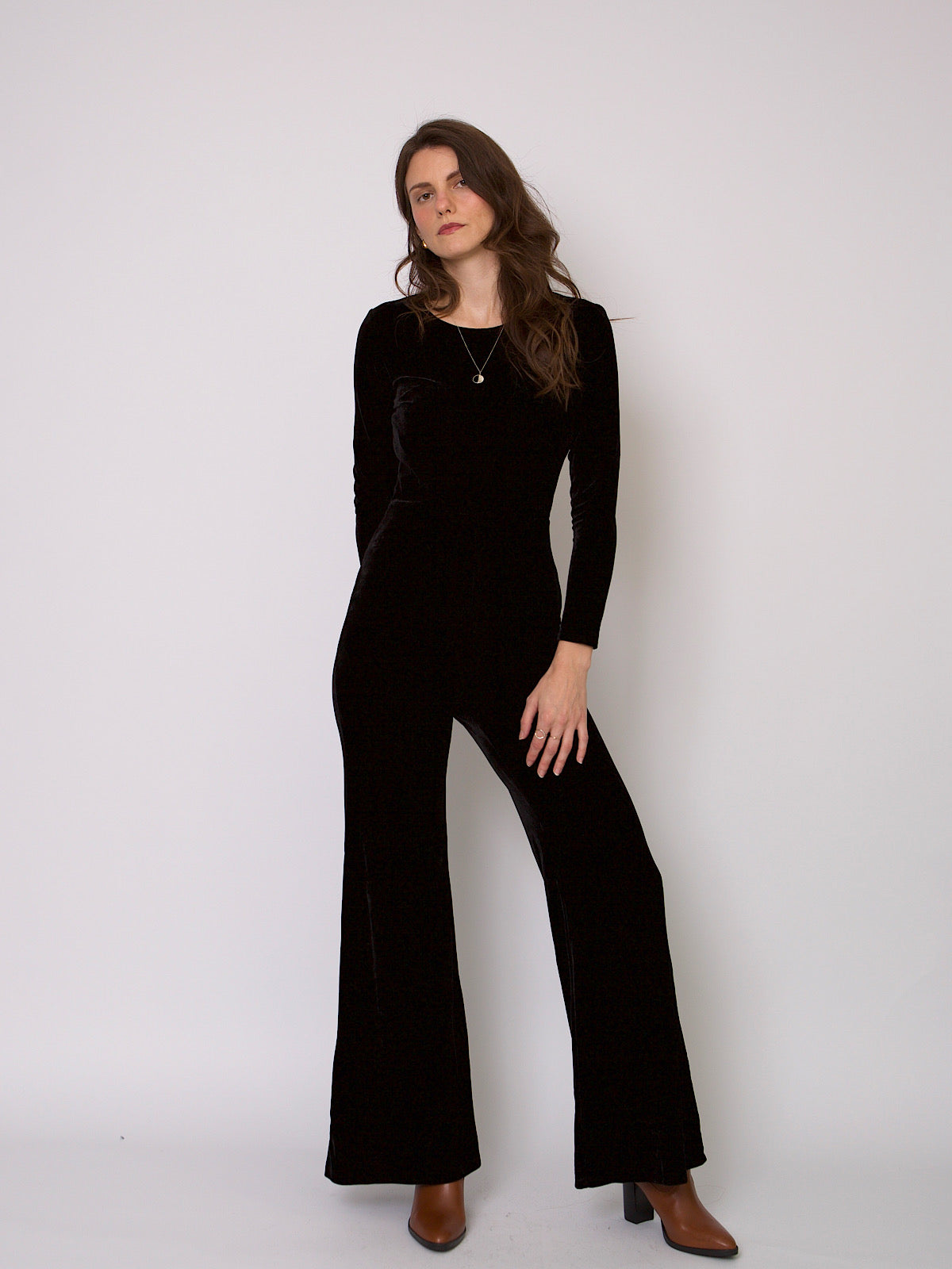 Black velour jumpsuit wide leg open back