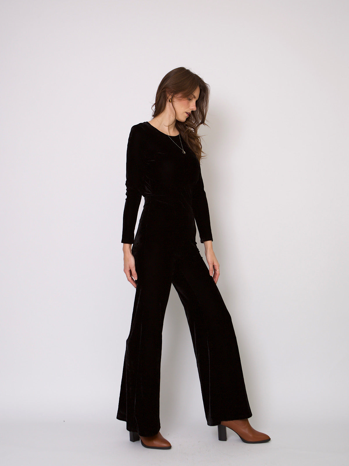 Black velour jumpsuit wide leg open back