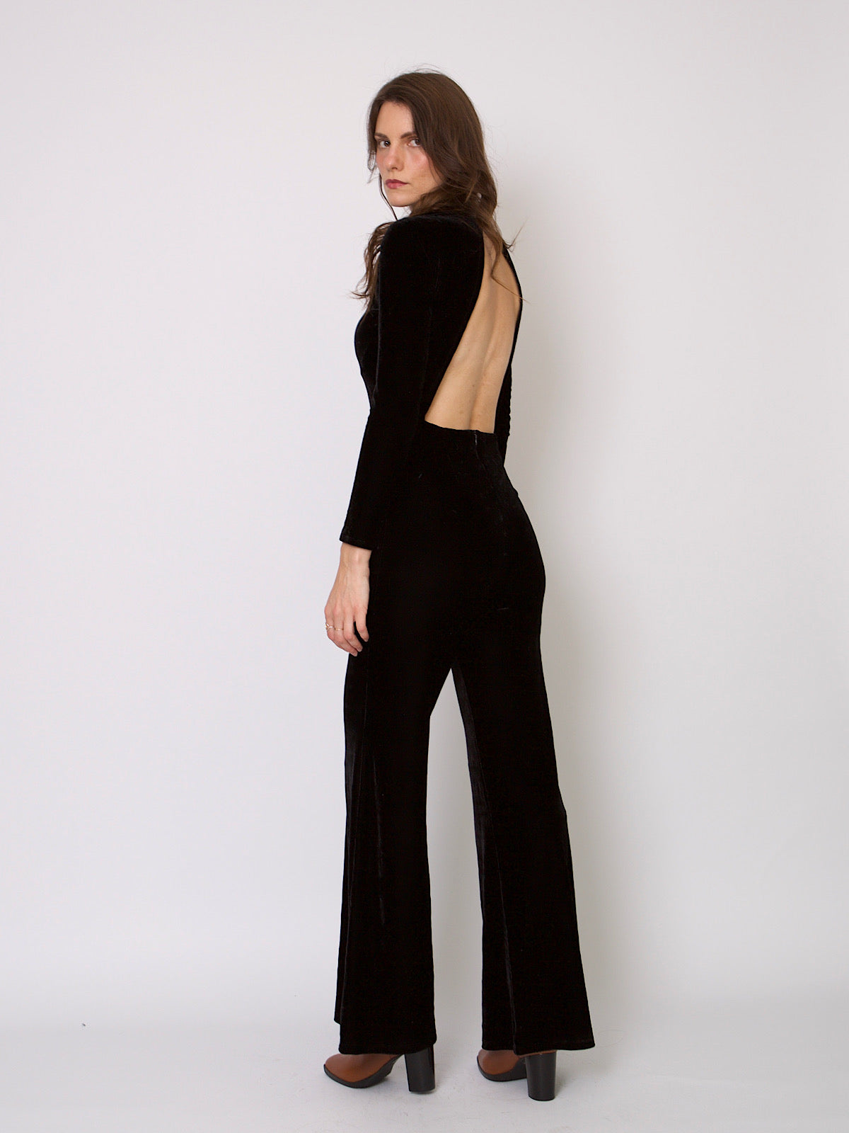 Black velour jumpsuit wide leg open back