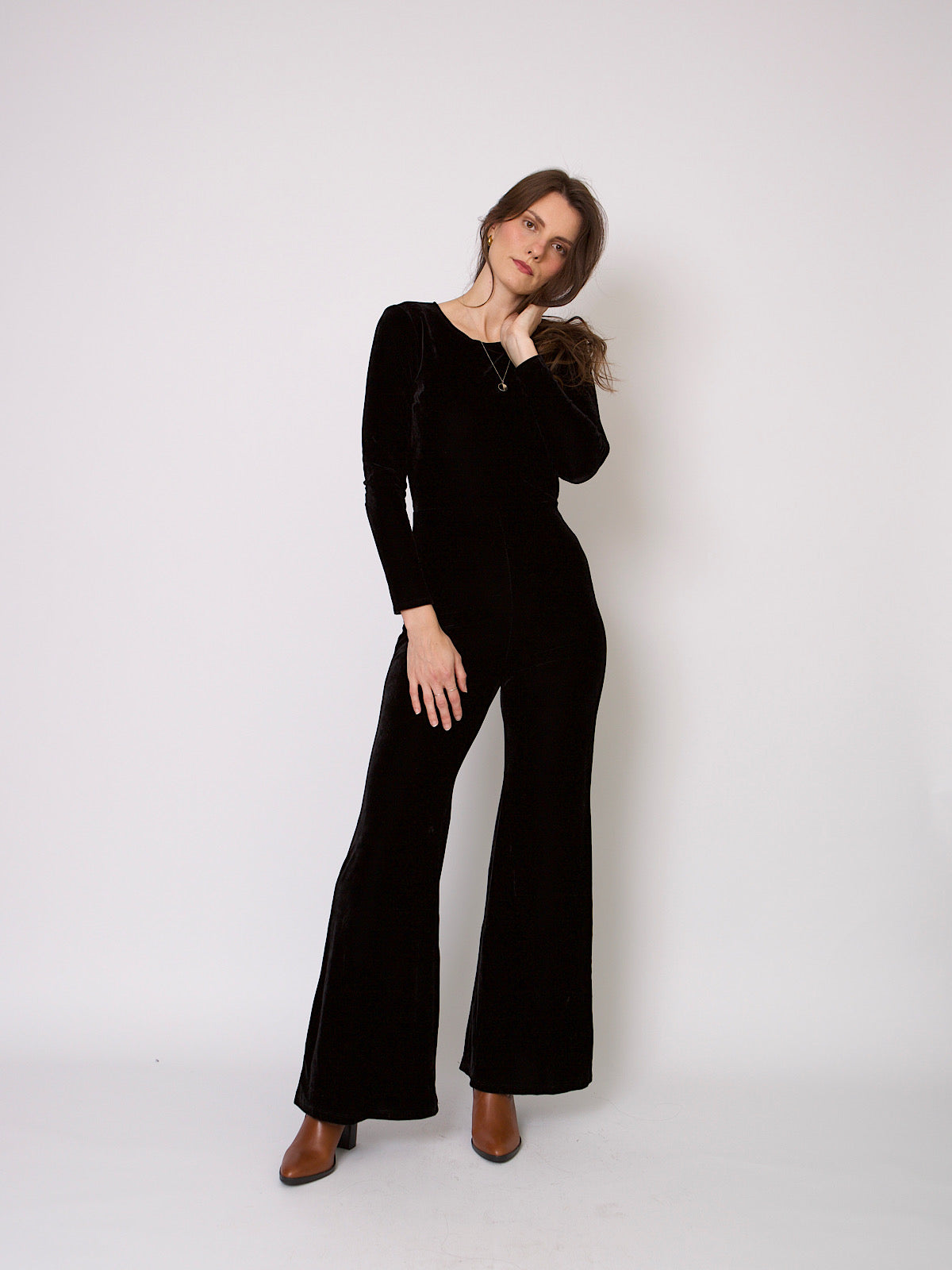 Black velour jumpsuit wide leg open back