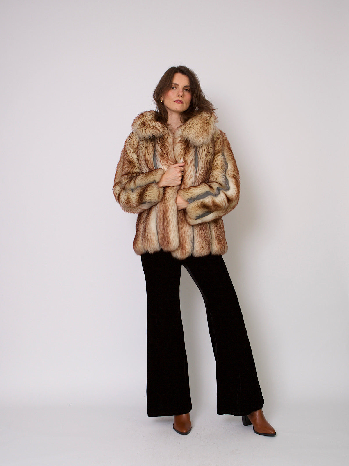 70s vintage faux fur short coat with real leather