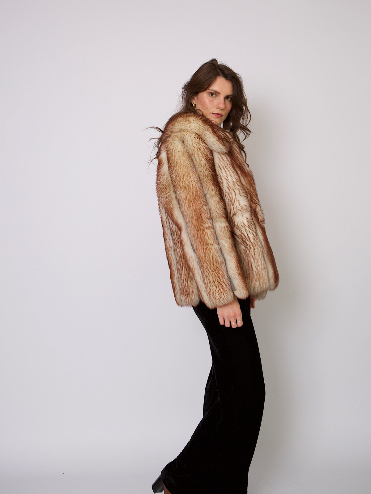 70s vintage faux fur short coat with real leather