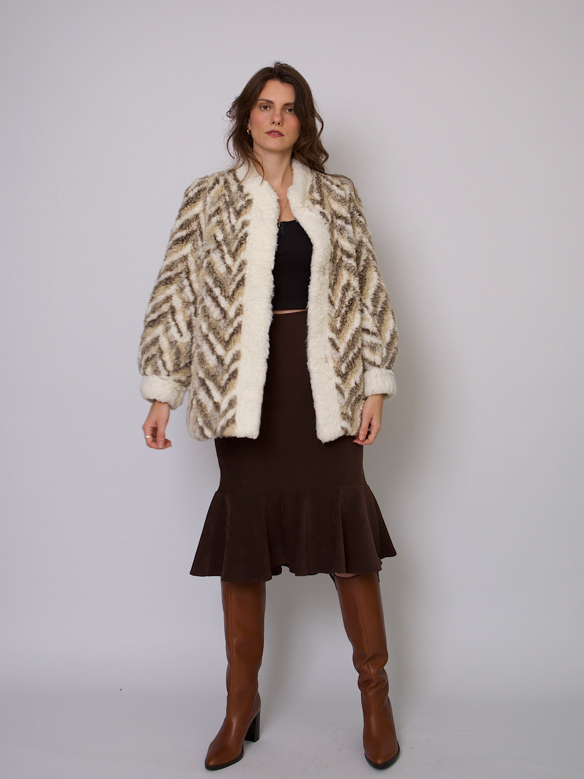 80s vintage faux fur coat with zigzags design