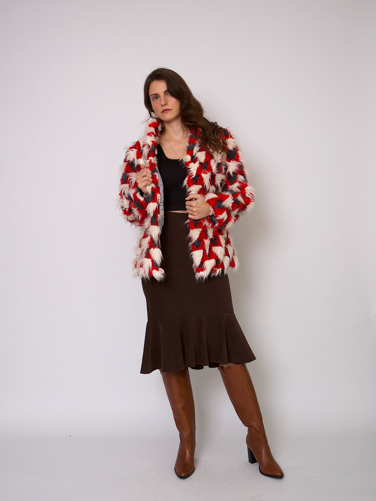 80s faux fur coat geometric design with white fluffy details