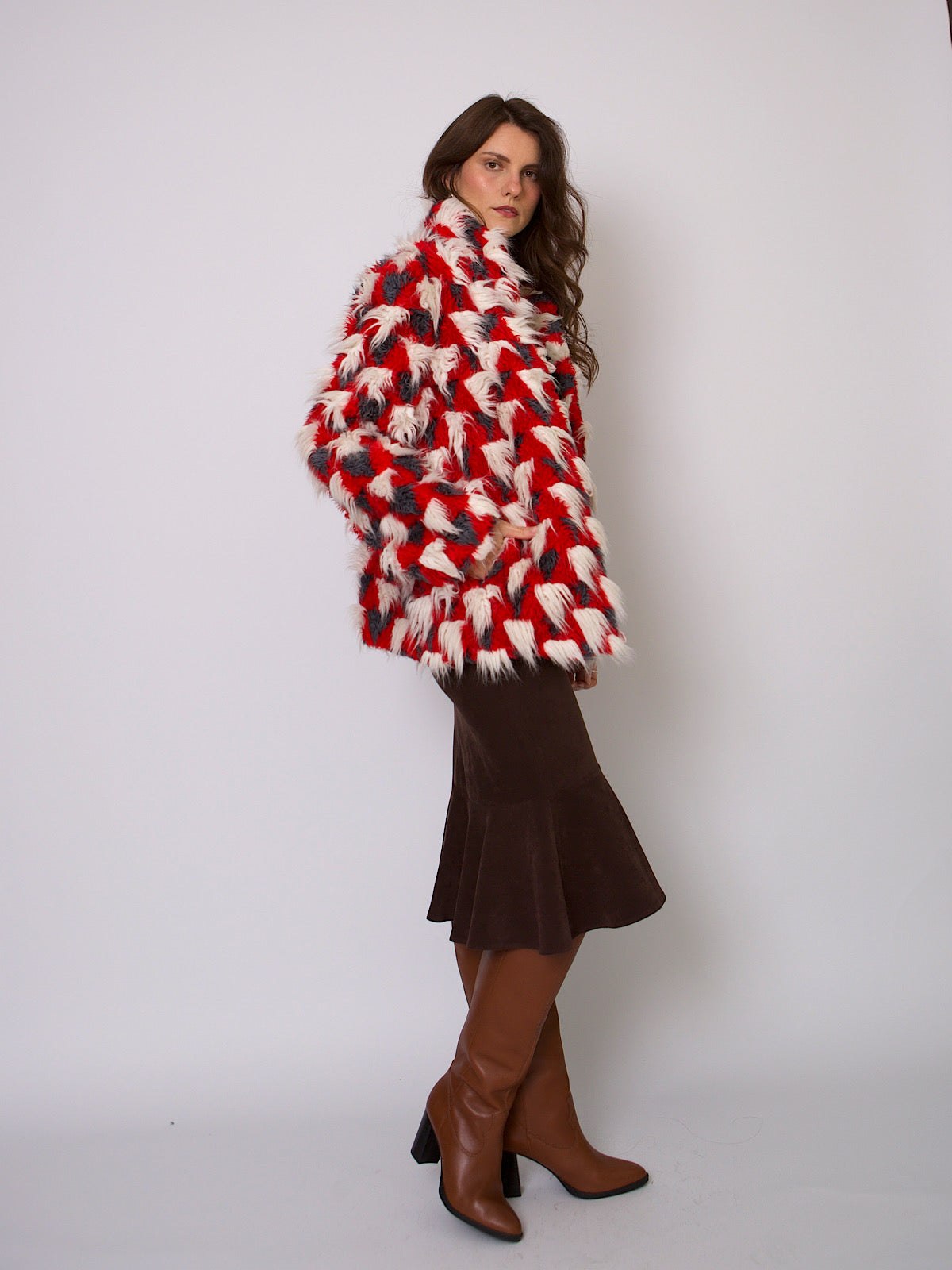 80s faux fur coat geometric design with white fluffy details